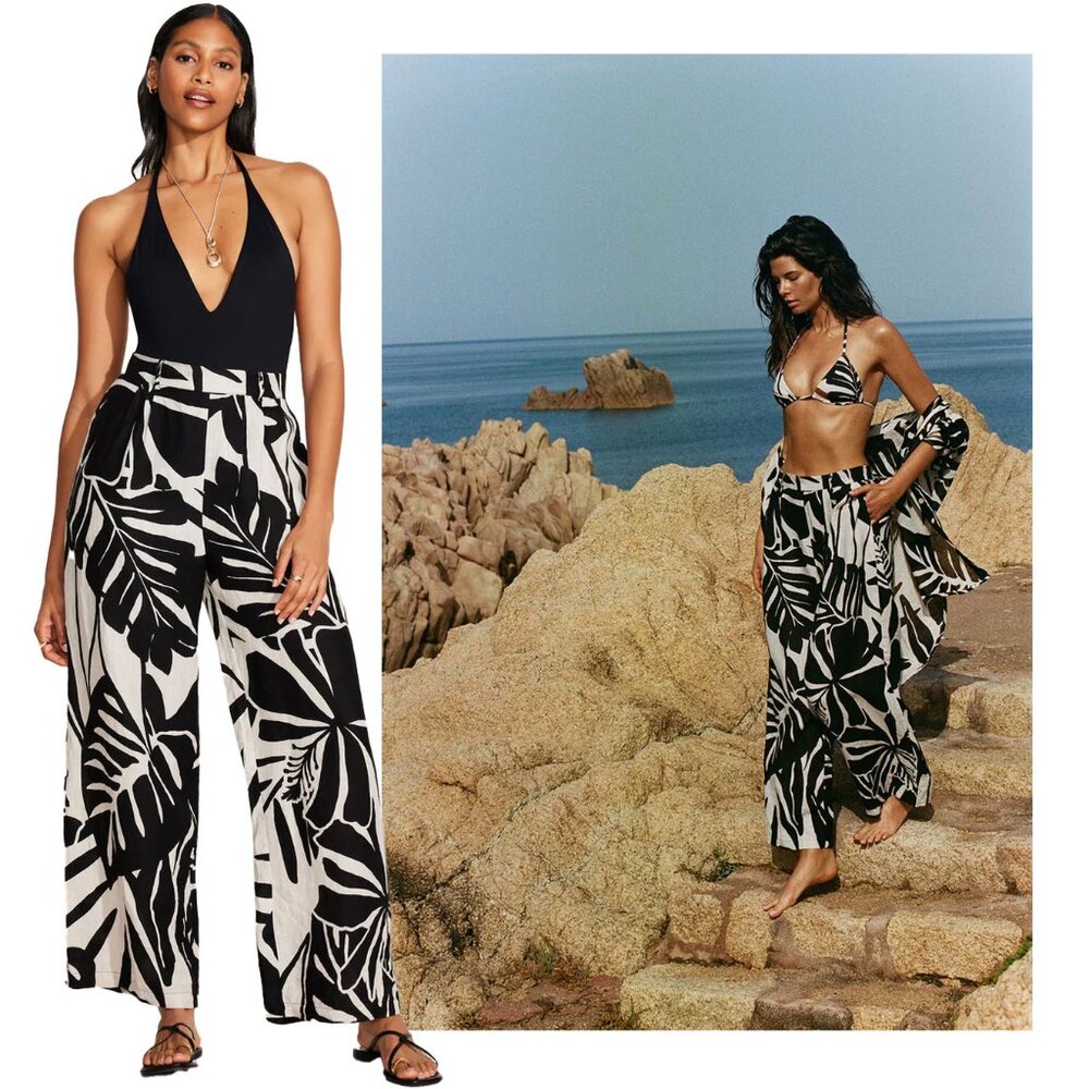 NWT Vitamin A Getaway Linen Pant Black White Graphic Jungle | M 6 8